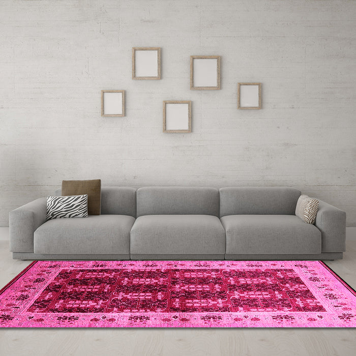 Machine Washable Oriental Pink Traditional Rug in a Living Room, wshurb1218pnk