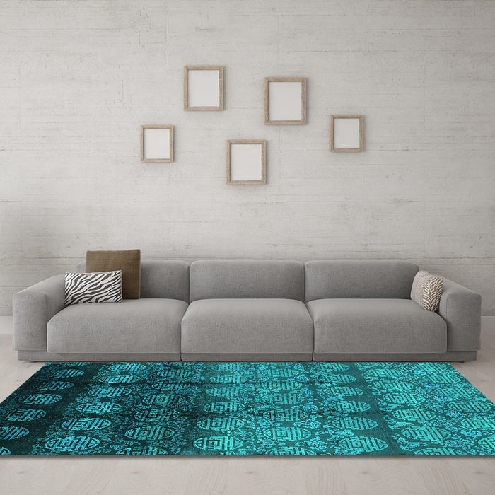 Machine Washable Oriental Turquoise Industrial Area Rugs in a Living Room,, wshurb1222turq