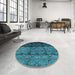 Round Mid-Century Modern Dark Turquoise Green Oriental Rug in a Office, urb1222