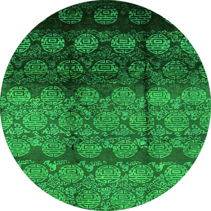 Round Machine Washable Oriental Green Industrial Area Rugs, wshurb1222grn