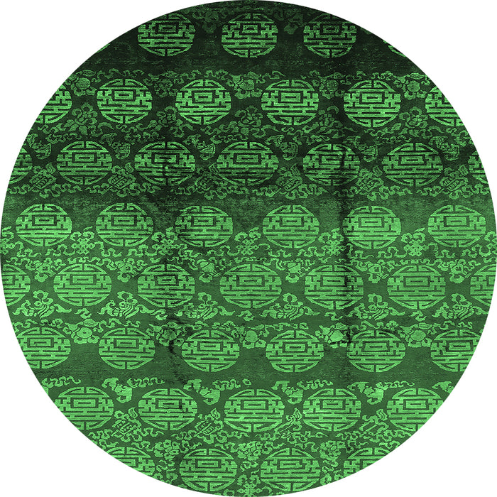 Round Machine Washable Oriental Emerald Green Industrial Area Rugs, wshurb1222emgrn