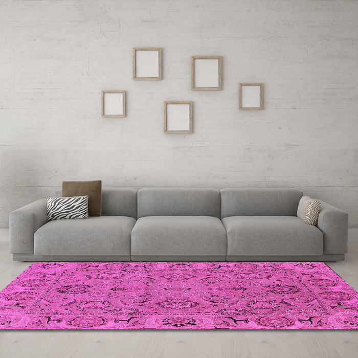 Machine Washable Oriental Pink Traditional Rug in a Living Room, wshurb1237pnk