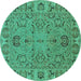 Round Machine Washable Oriental Turquoise Traditional Area Rugs, wshurb1237turq