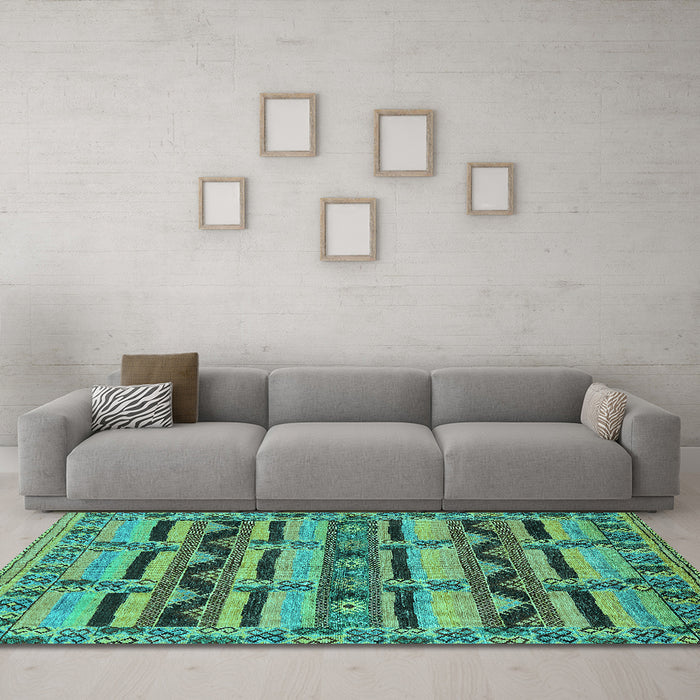 Machine Washable Oriental Turquoise Industrial Area Rugs in a Living Room,, wshurb1239turq