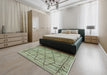 Mid-Century Modern Green Oriental Rug in a Bedroom, urb1243