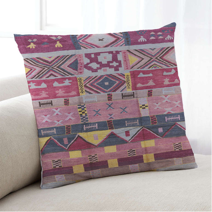 Lifestyle Image of Mid-Century Modern Urban Square Khaki Rose Pink Throw Pillow, 18 inch by 18 inch, pwurb1268