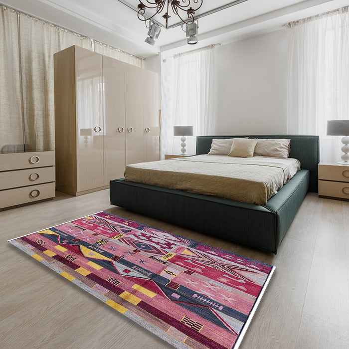 Mid-Century Modern Khaki Rose Pink Solid Rug in a Bedroom, urb1268