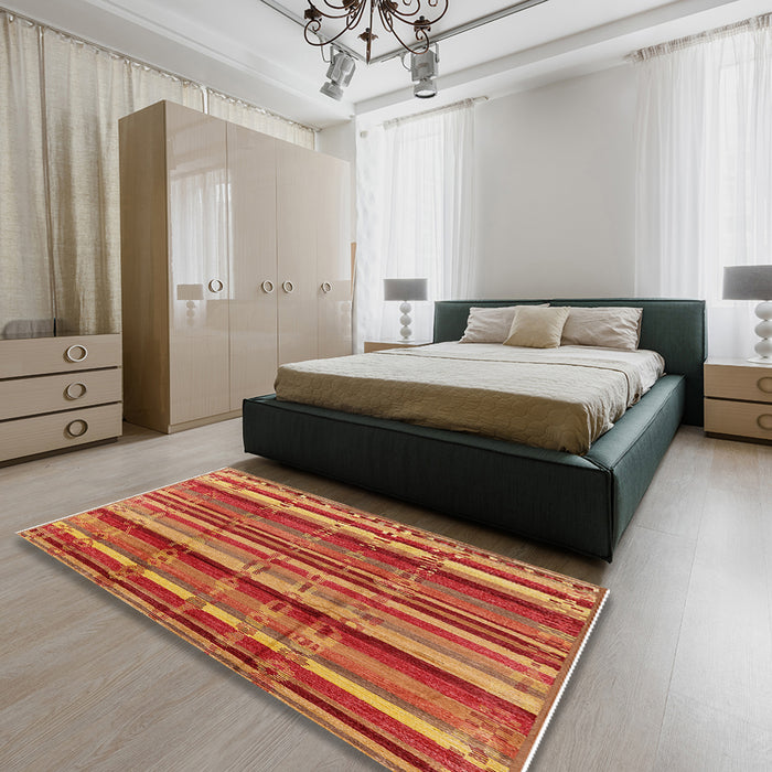 Mid-Century Modern Orange Southwestern Rug in a Bedroom, urb1273