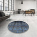 Round Mid-Century Modern Steel Blue Oriental Rug in a Office, urb1286