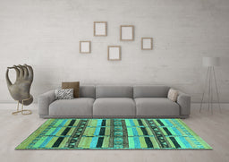 Machine Washable Oriental Turquoise Industrial Area Rugs in a Living Room,, wshurb1287turq