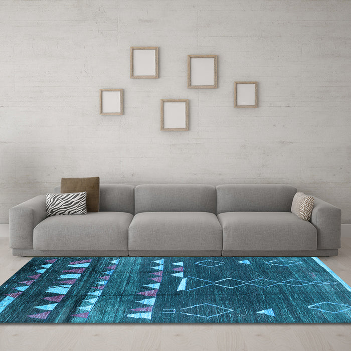Machine Washable Oriental Light Blue Industrial Rug in a Living Room, wshurb1296lblu