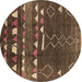 Round Machine Washable Oriental Brown Industrial Rug, wshurb1296brn