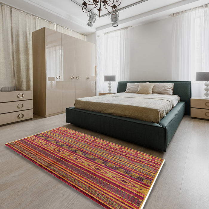 Mid-Century Modern Crimson Red Oriental Rug in a Bedroom, urb1306