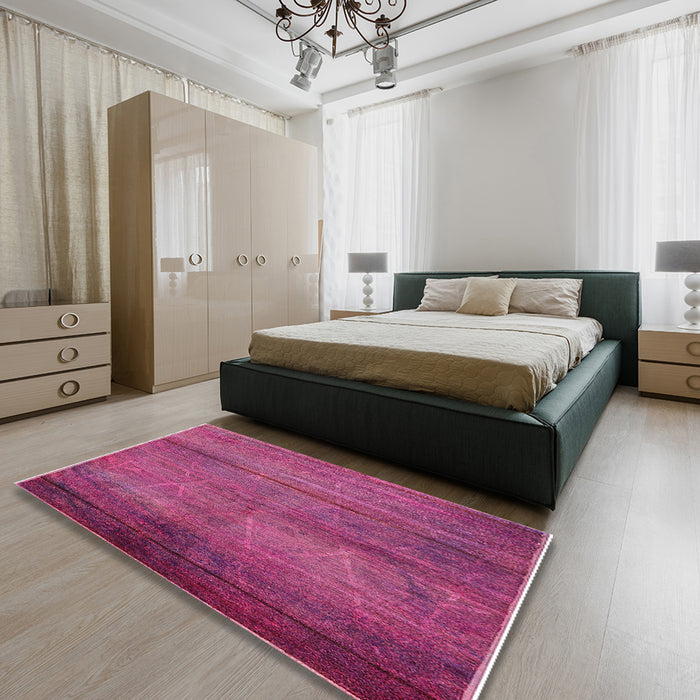 Mid-Century Modern Magenta Pink Oriental Rug in a Bedroom, urb1310