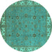 Round Machine Washable Oriental Turquoise Traditional Area Rugs, wshurb1324turq