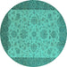 Round Machine Washable Oriental Turquoise Traditional Area Rugs, wshurb1327turq