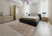Mid-Century Modern Dark Almond Brown Oriental Rug in a Bedroom, urb1329