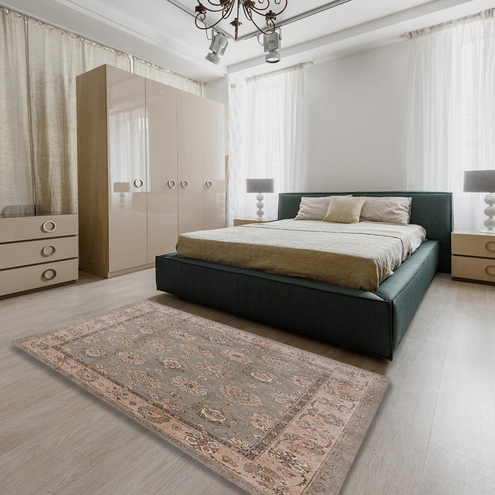 Mid-Century Modern Dark Almond Brown Oriental Rug in a Bedroom, urb1329