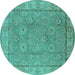 Round Machine Washable Oriental Turquoise Traditional Area Rugs, wshurb1329turq