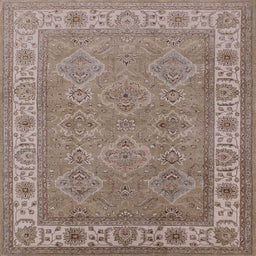 Square Mid-Century Modern Khaki Rose Pink Oriental Rug, urb1331