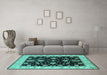 Machine Washable Oriental Turquoise Traditional Area Rugs in a Living Room,, wshurb1332turq