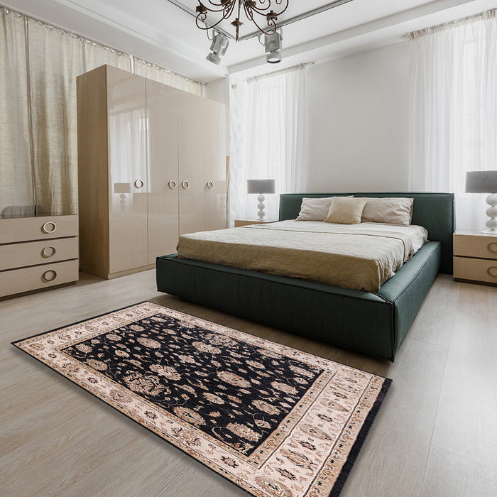 Mid-Century Modern Charcoal Black Oriental Rug in a Bedroom, urb1332