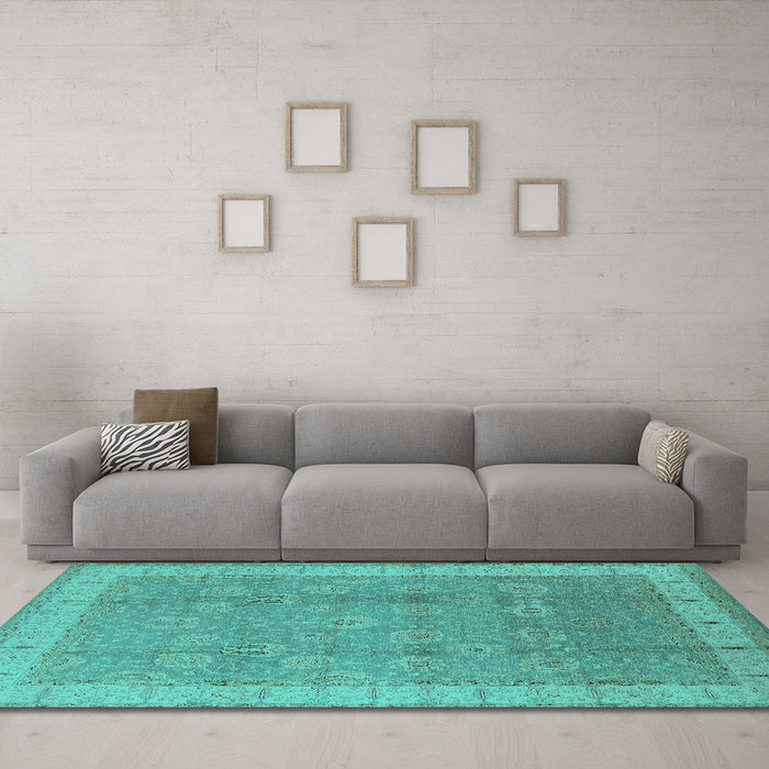Machine Washable Oriental Turquoise Industrial Area Rugs in a Living Room,, wshurb1333turq