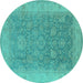 Round Machine Washable Oriental Turquoise Traditional Area Rugs, wshurb1334turq