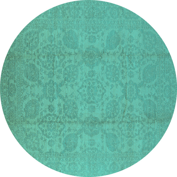 Round Machine Washable Oriental Turquoise Traditional Area Rugs, wshurb1335turq
