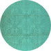 Round Machine Washable Oriental Turquoise Traditional Area Rugs, wshurb1335turq