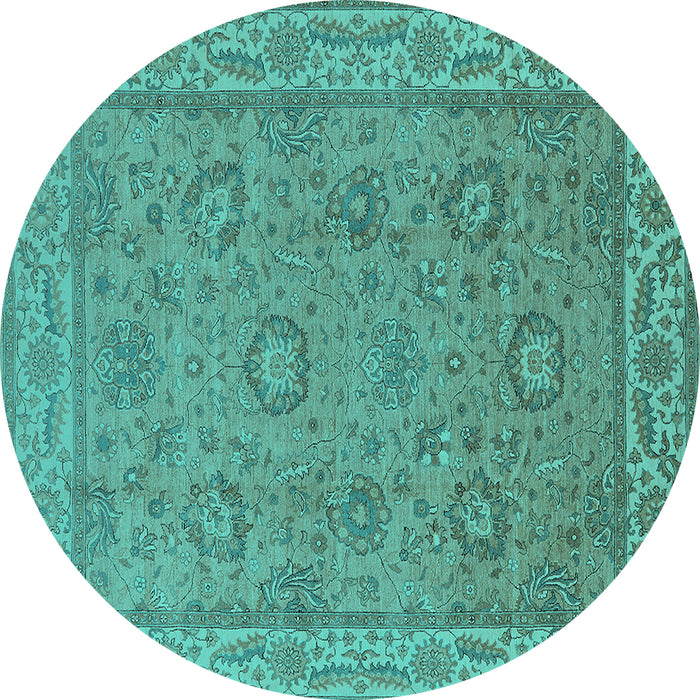 Round Machine Washable Oriental Turquoise Traditional Area Rugs, wshurb1337turq