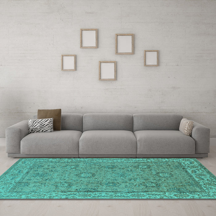 Machine Washable Oriental Turquoise Traditional Area Rugs in a Living Room,, wshurb1337turq