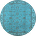 Round Machine Washable Oriental Light Blue Traditional Rug, wshurb1338lblu