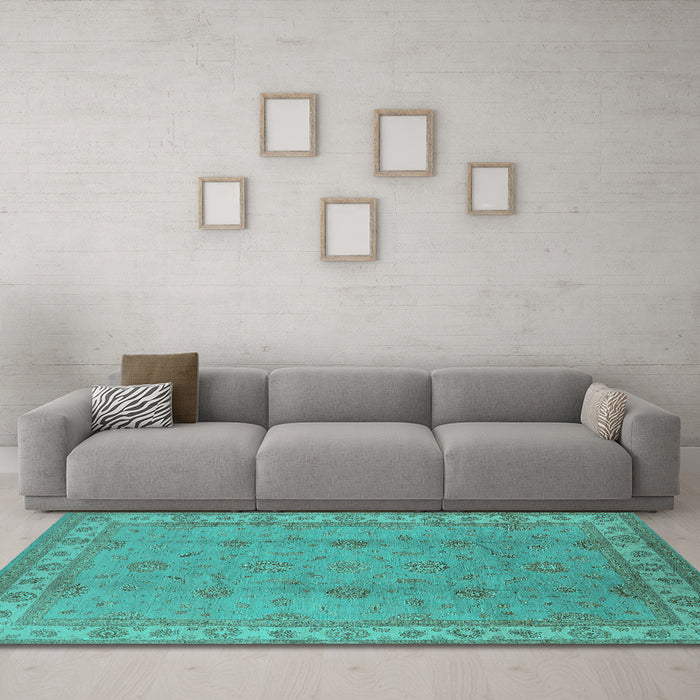 Machine Washable Oriental Turquoise Traditional Area Rugs in a Living Room,, wshurb1338turq