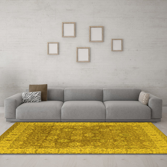 Machine Washable Oriental Yellow Traditional Rug in a Living Room, wshurb1339yw