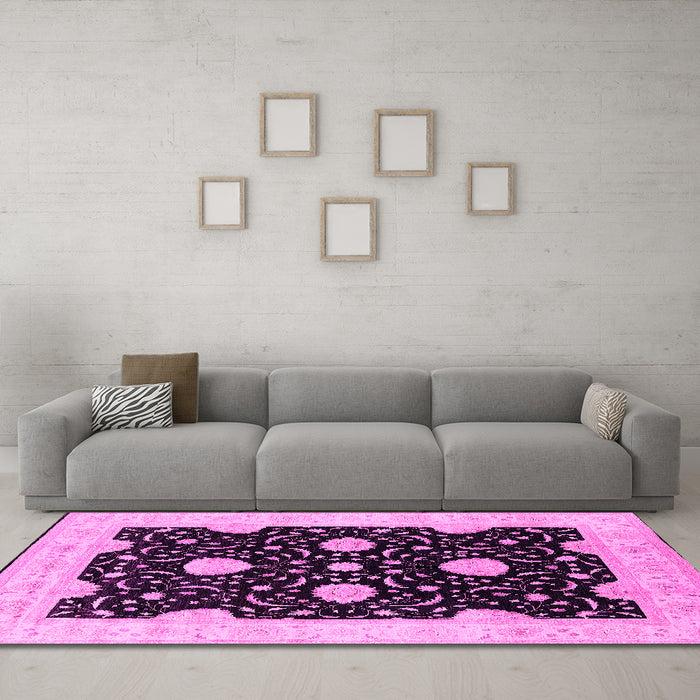 Machine Washable Oriental Pink Traditional Rug in a Living Room, wshurb1340pnk