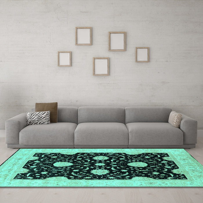 Machine Washable Oriental Turquoise Traditional Area Rugs in a Living Room,, wshurb1340turq