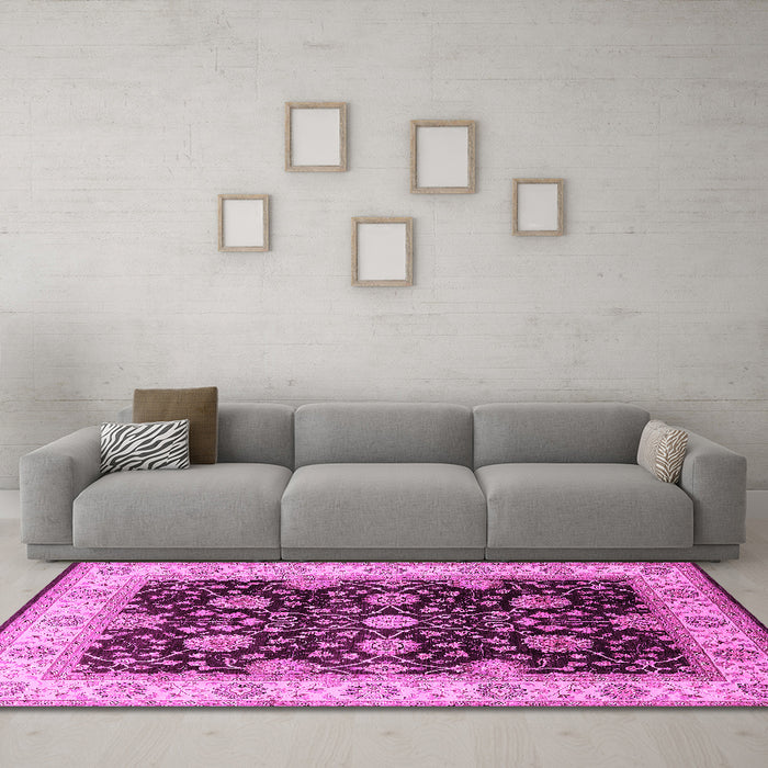 Machine Washable Oriental Pink Traditional Rug in a Living Room, wshurb1341pnk