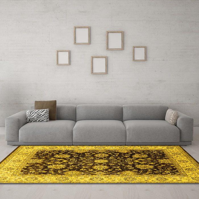 Machine Washable Oriental Yellow Traditional Rug in a Living Room, wshurb1341yw