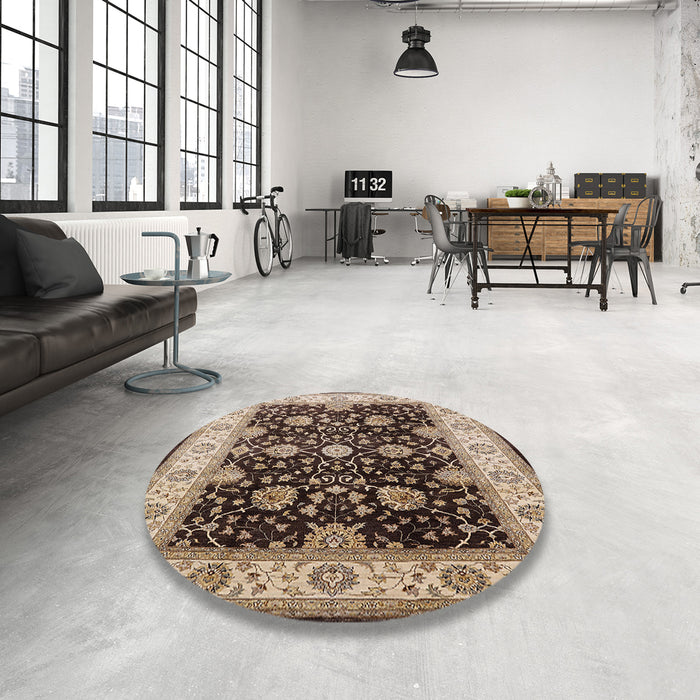 Round Mid-Century Modern Bakers Brown Oriental Rug in a Office, urb1341
