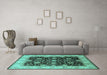 Machine Washable Oriental Turquoise Traditional Area Rugs in a Living Room,, wshurb1341turq