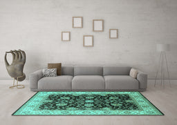 Machine Washable Oriental Turquoise Traditional Area Rugs in a Living Room,, wshurb1341turq
