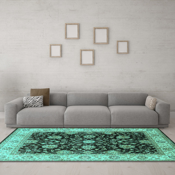 Machine Washable Oriental Turquoise Traditional Area Rugs in a Living Room,, wshurb1341turq