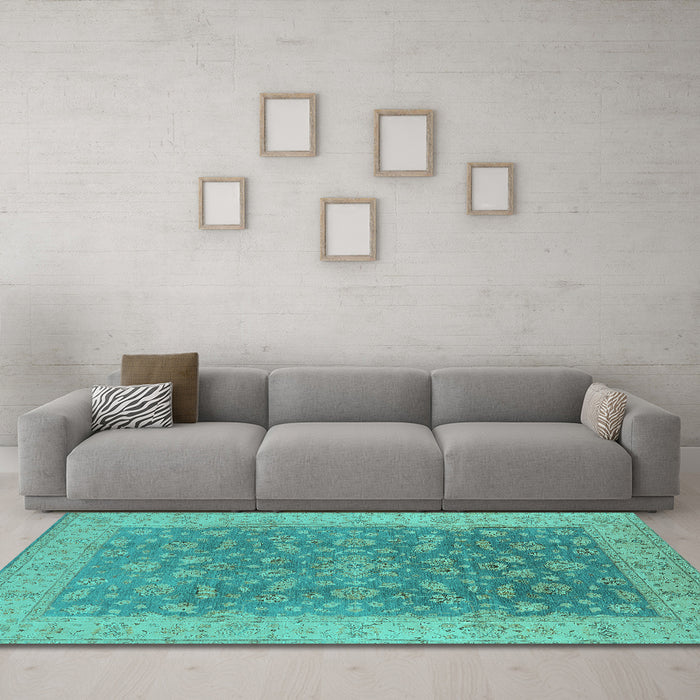 Machine Washable Oriental Turquoise Traditional Area Rugs in a Living Room,, wshurb1343turq
