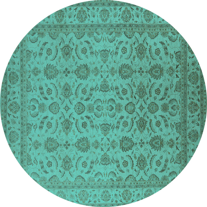 Round Machine Washable Oriental Turquoise Traditional Area Rugs, wshurb1345turq
