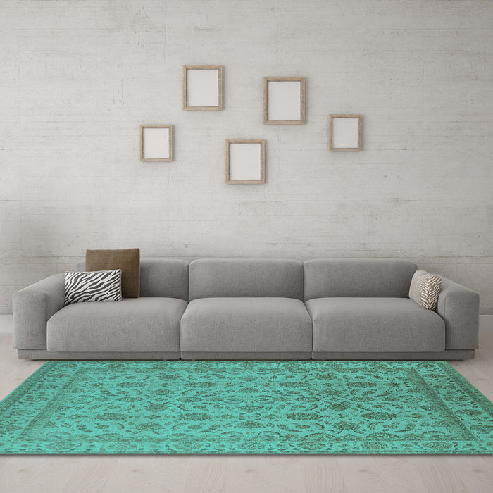 Machine Washable Oriental Turquoise Traditional Area Rugs in a Living Room,, wshurb1345turq