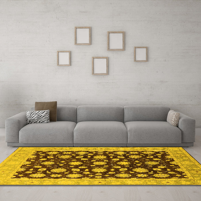 Machine Washable Oriental Yellow Traditional Rug in a Living Room, wshurb1346yw