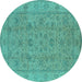 Round Machine Washable Oriental Turquoise Traditional Area Rugs, wshurb1347turq