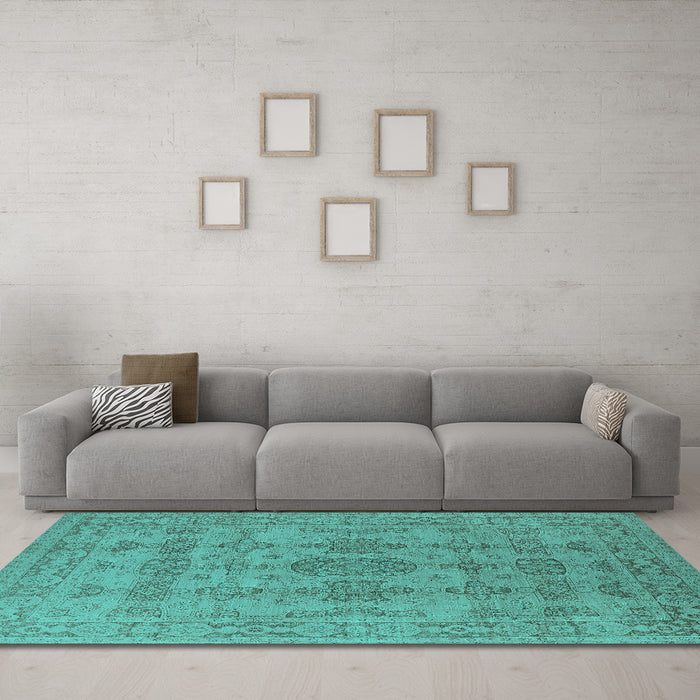 Machine Washable Oriental Turquoise Traditional Area Rugs in a Living Room,, wshurb1348turq