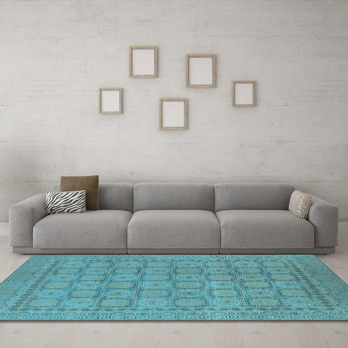 Machine Washable Oriental Light Blue Industrial Rug in a Living Room, wshurb1349lblu